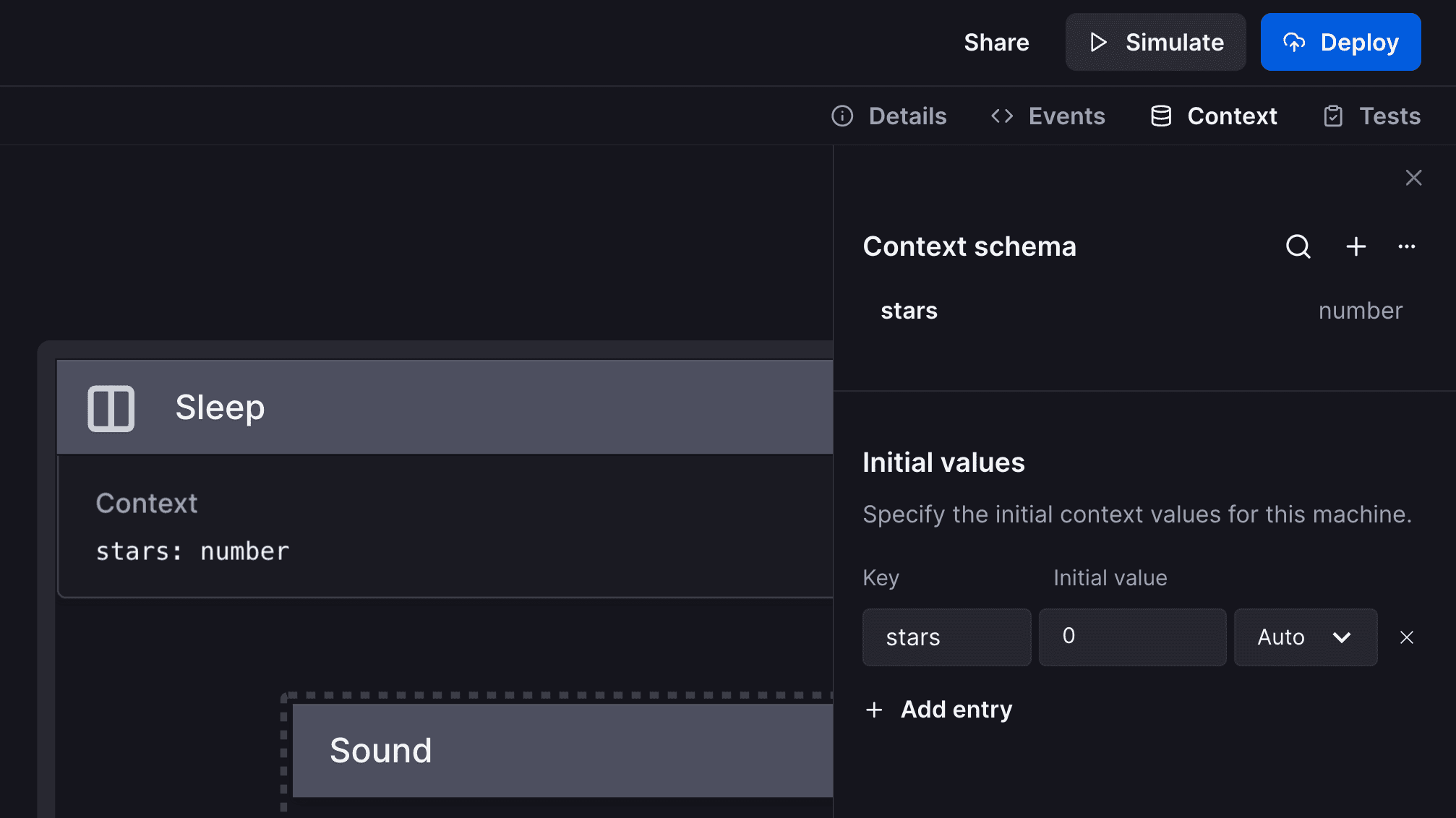 The Sleep state with a displayed context of stars: number. The context panel is open and shows the context schema with a stars property with the number type.