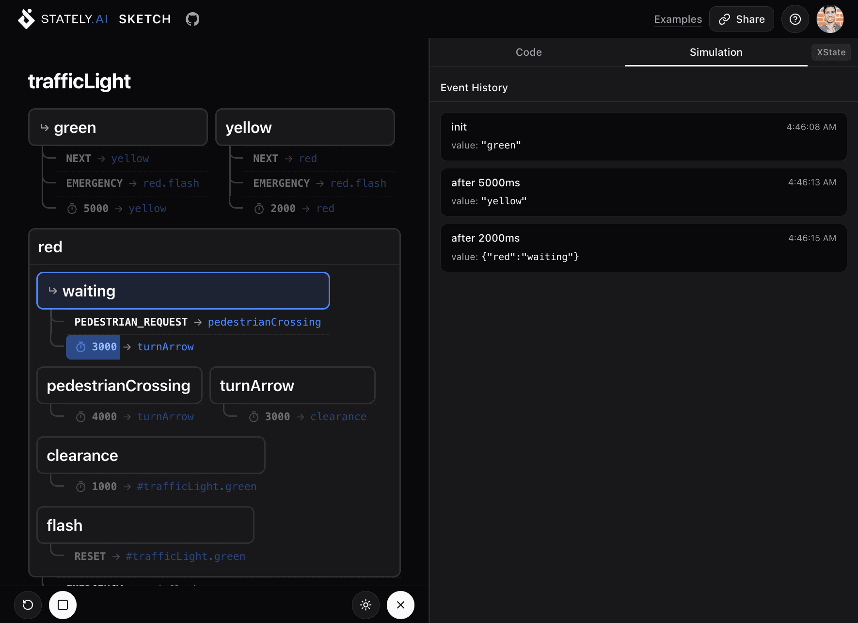 Simulation mode showing the active state highlighted and available transitions ready to be clicked.