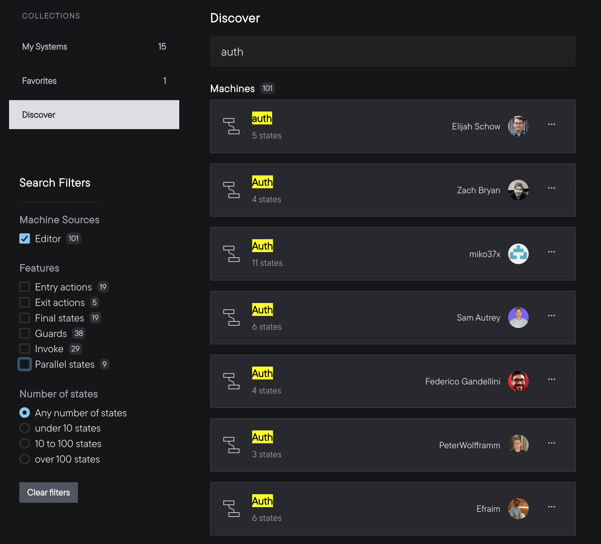 The discover page showing 101 search results for the “auth” keyword, each with the word “auth” highlighted in the title. The search is filtered by the Editor source, and also has the option to filter by features entry actions, exit actions, final states, guards, invoke, and parallel states.