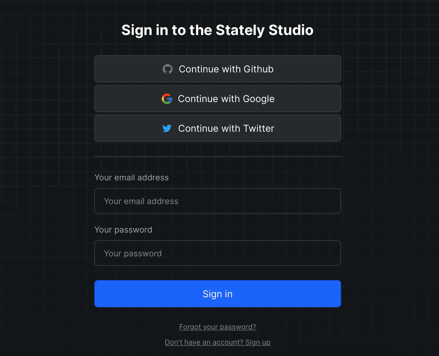 The Stately Studio sign up page with login options for GitHub, Google, Twitter, as well as email address and password fields for sign up.