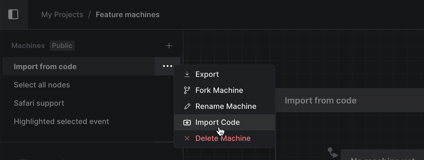 Left drawer open in the Studio showing the Machines list. A machine’s contextual menu is open with the Import Code option highlighted.