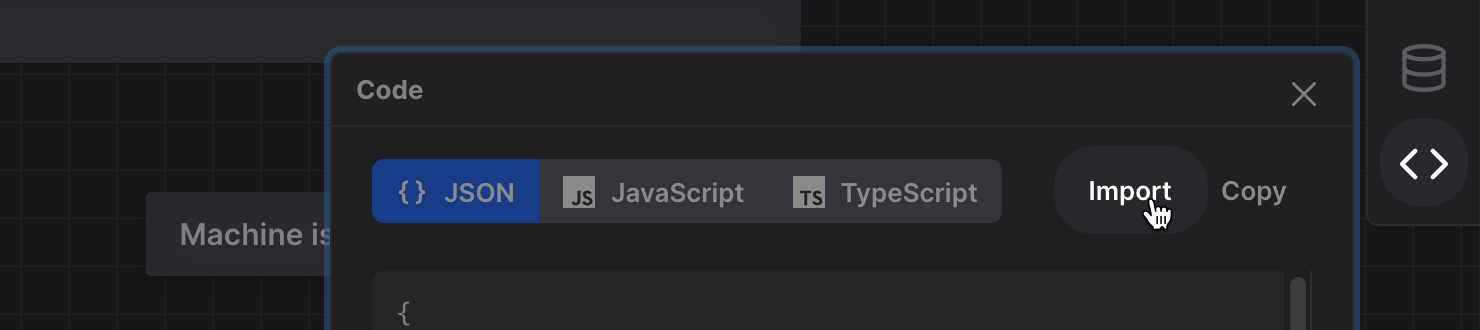 Code panel open in the Studio with the Import button highlighted.