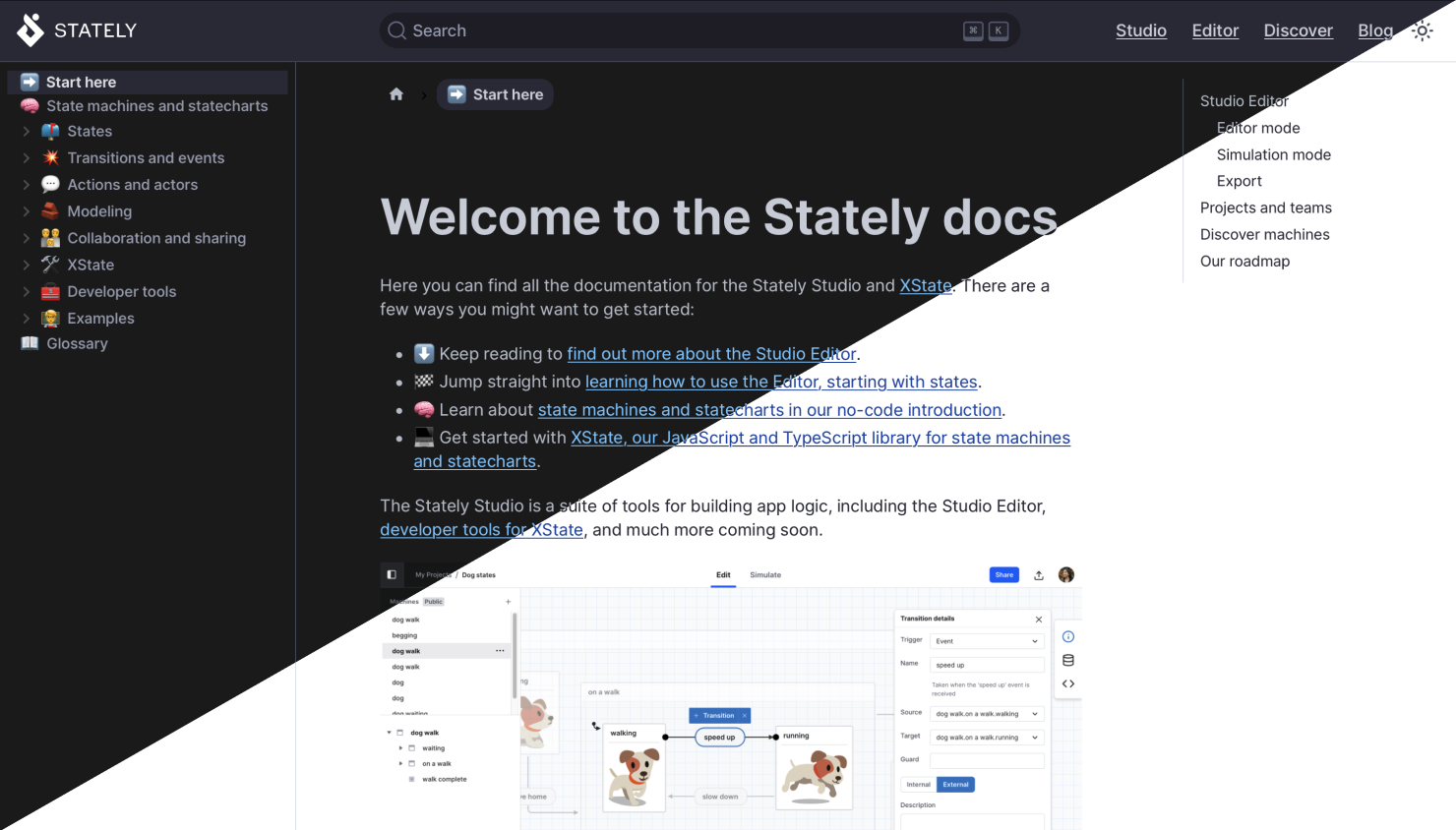 Stately docs homepage split into light mode and dark mode.