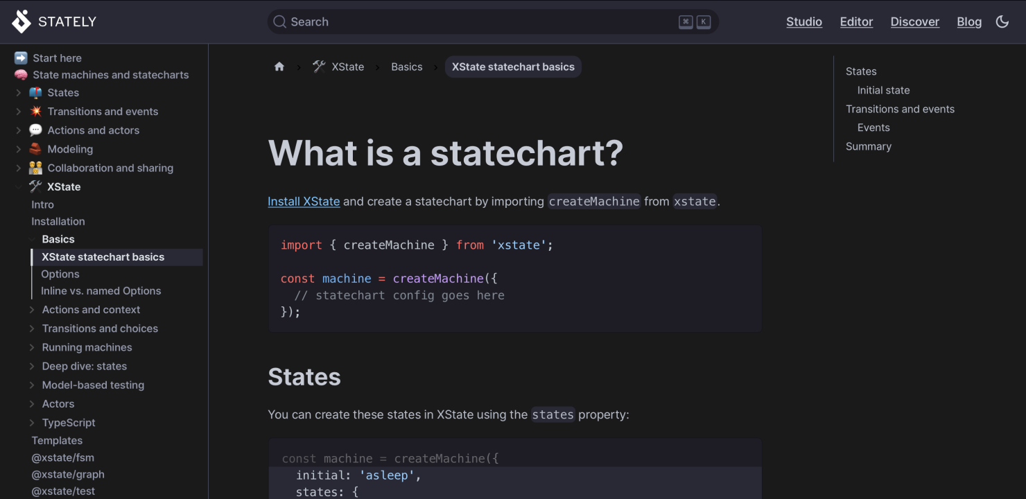 The ‘What is a statechart?’ section of the XState docs with code examples.