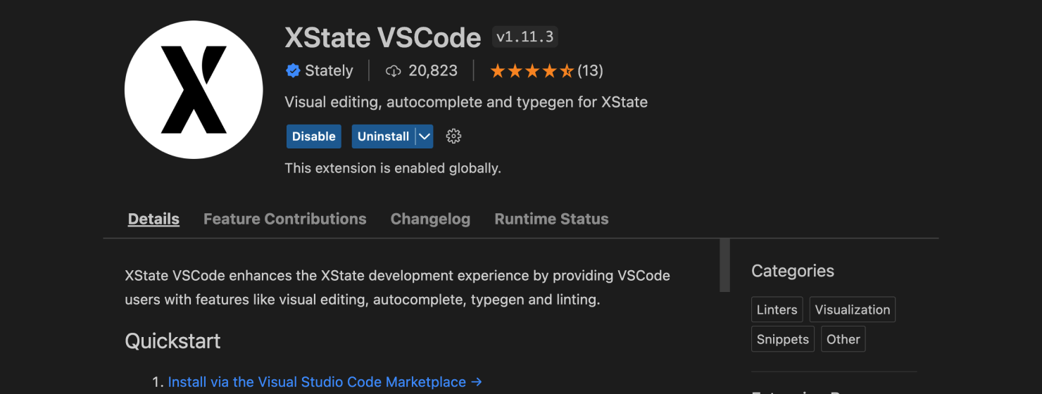 XState VSCode extension installation page in VS Code.