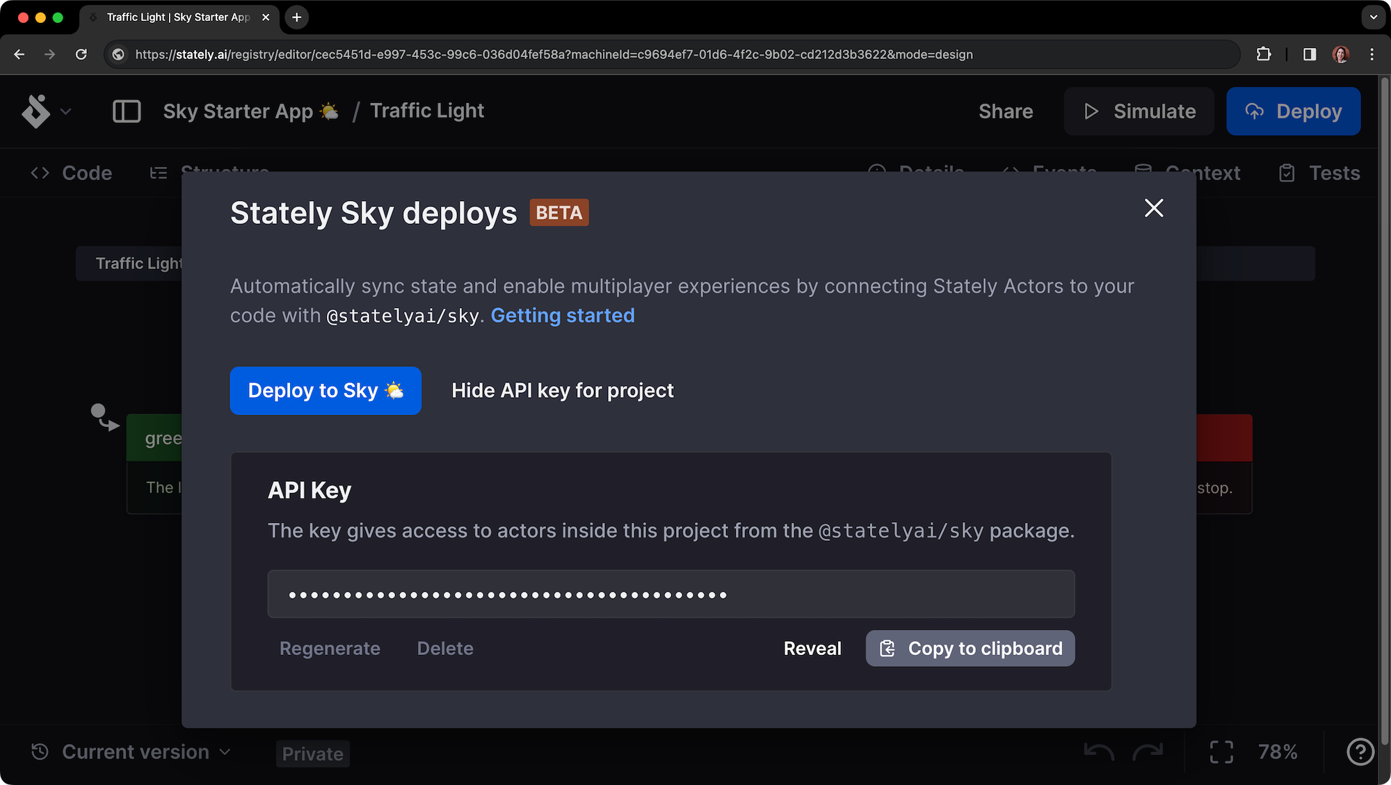 Stately Sky modal shows the API key in an input hidden behind password dots. There are options to Regenerate, Delete, Reveal, or copy the API key to the clipboard.