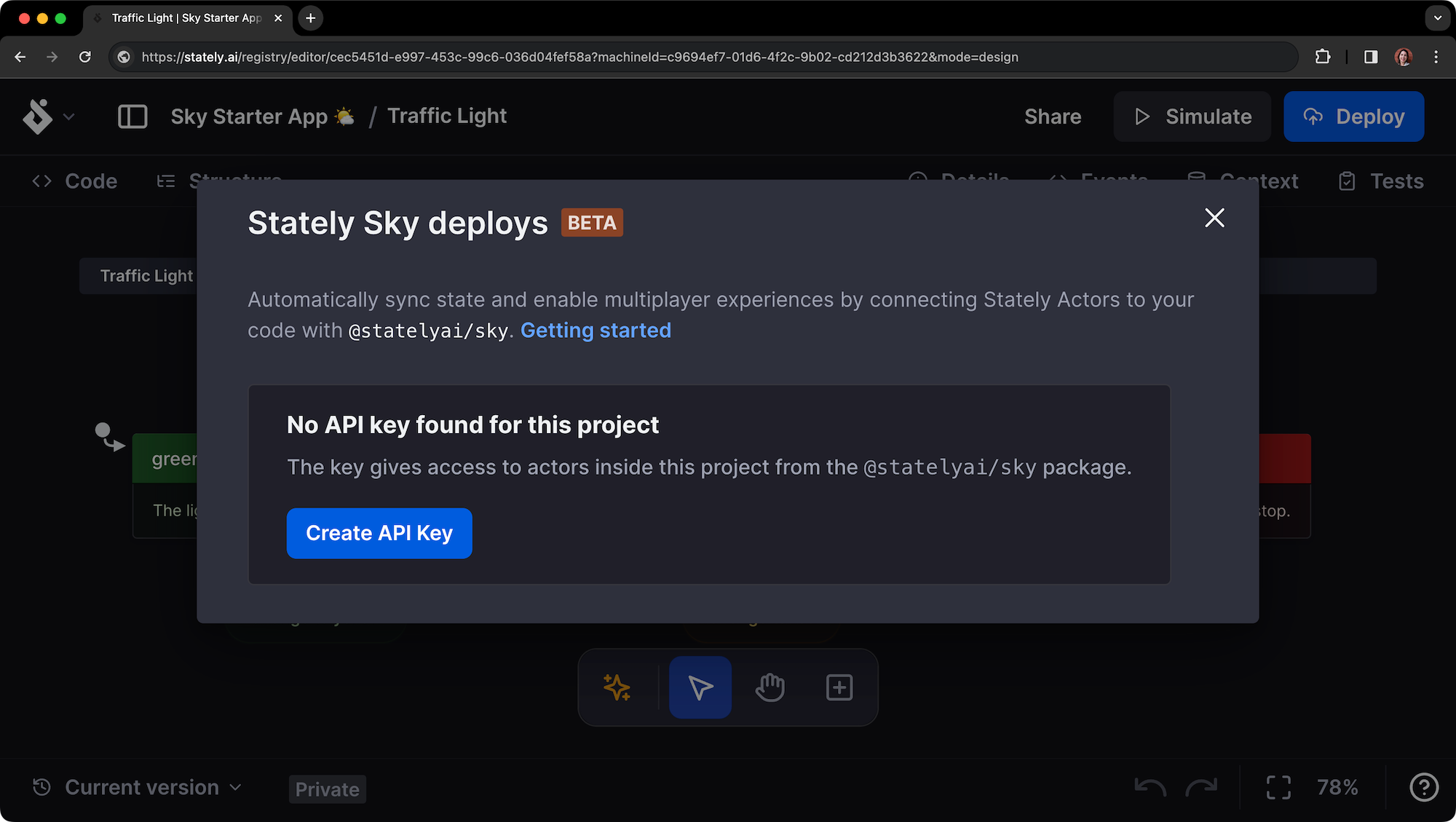Stately Sky modal showing no API key created yet. There is a button to Create API Key.