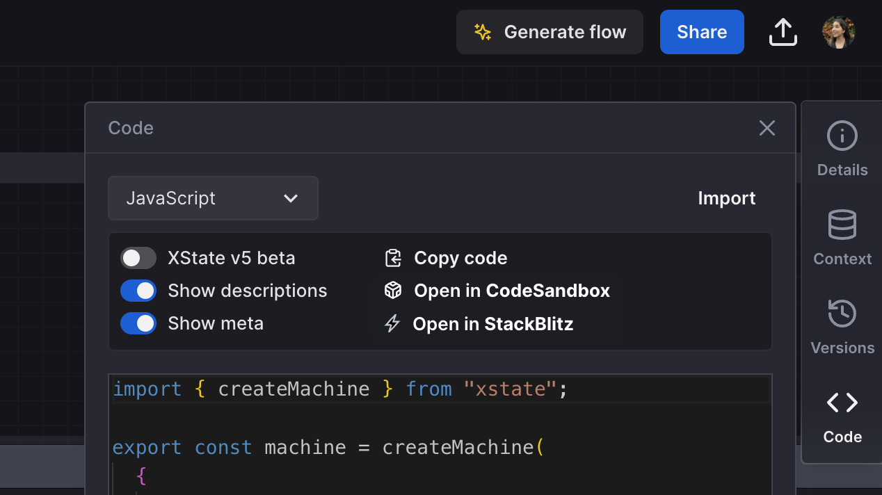 Code panel where JavaScript is selected from the dropdown. There are toggles for XState V5 beta, Show descriptions, and Show meta. There are options to Copy code, Open in CodeSandbox, and Open in StackBlitz.