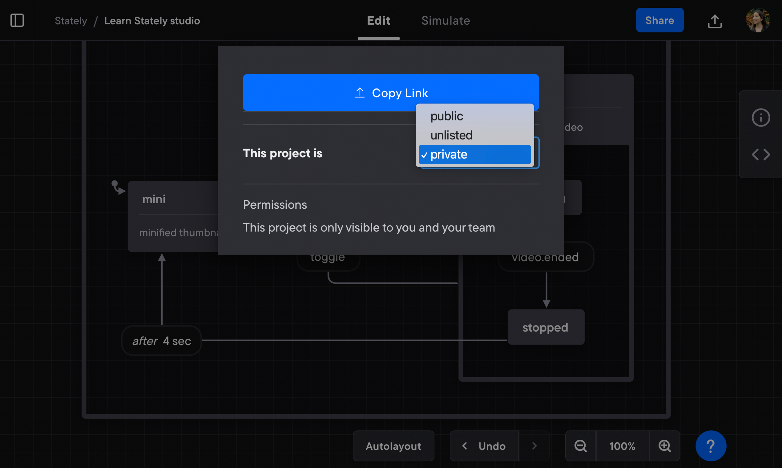 Share menu in the Stately Studio with an option to copy link, and set the project to either public, unlisted, or private. The private option is selected and Permissions text under the option states that this project is only visible to you and your team.