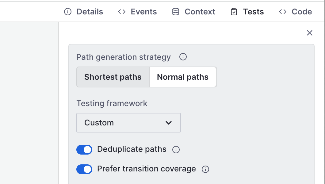 The test generation panel showing options of shortest paths and normal paths, a custom testing framework and toggles selected for deduplicate paths and prefer transition coverage.