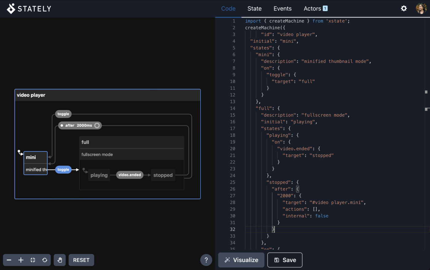 Stately Visualizer with a split screen. The left side shows a visualized machine for a video player. The right side shows the JavaScript used to create the visualized machine.