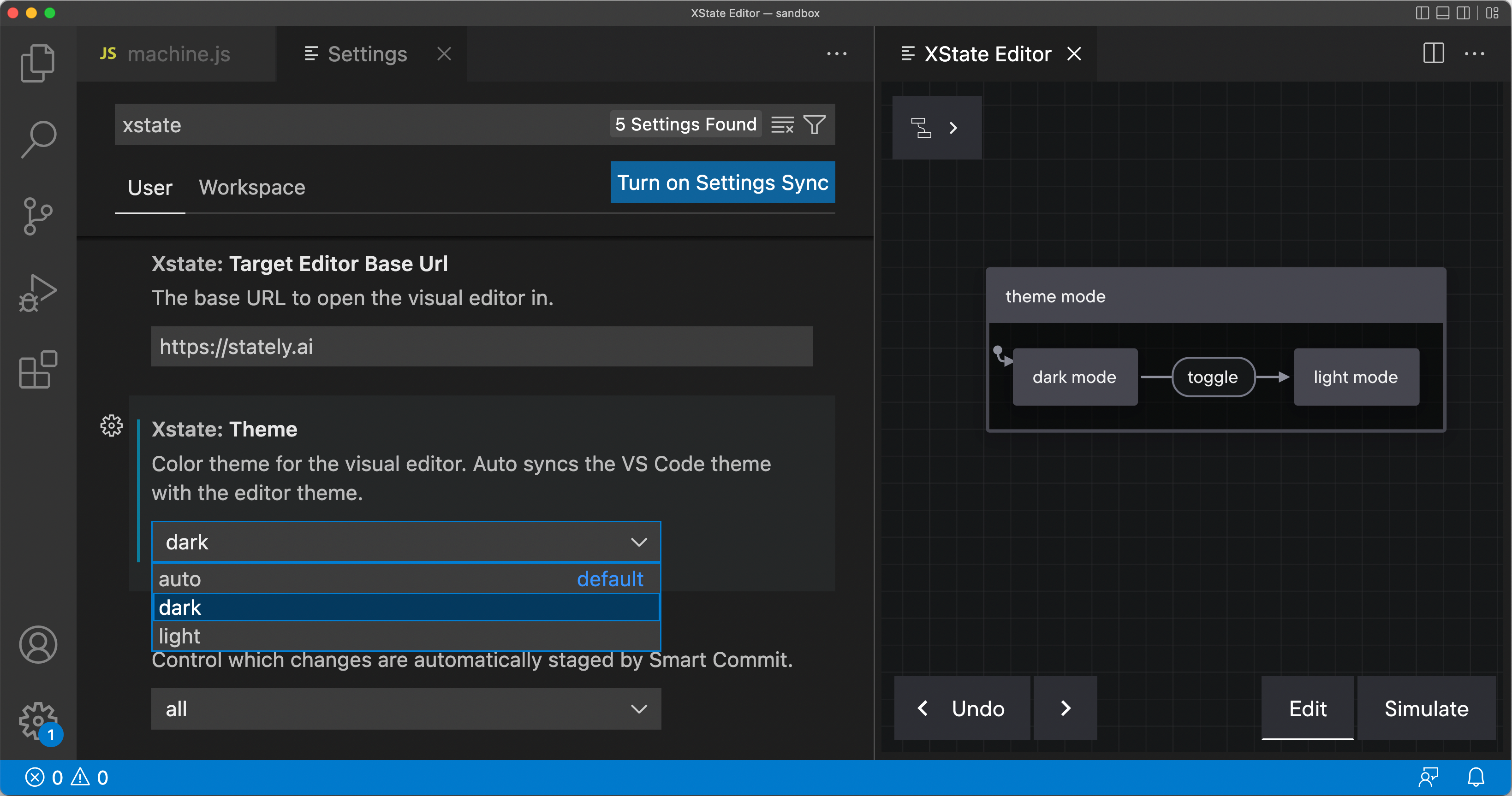 The XState: theme setting in VSCode is set to dark and the visual editor is in dark mode.