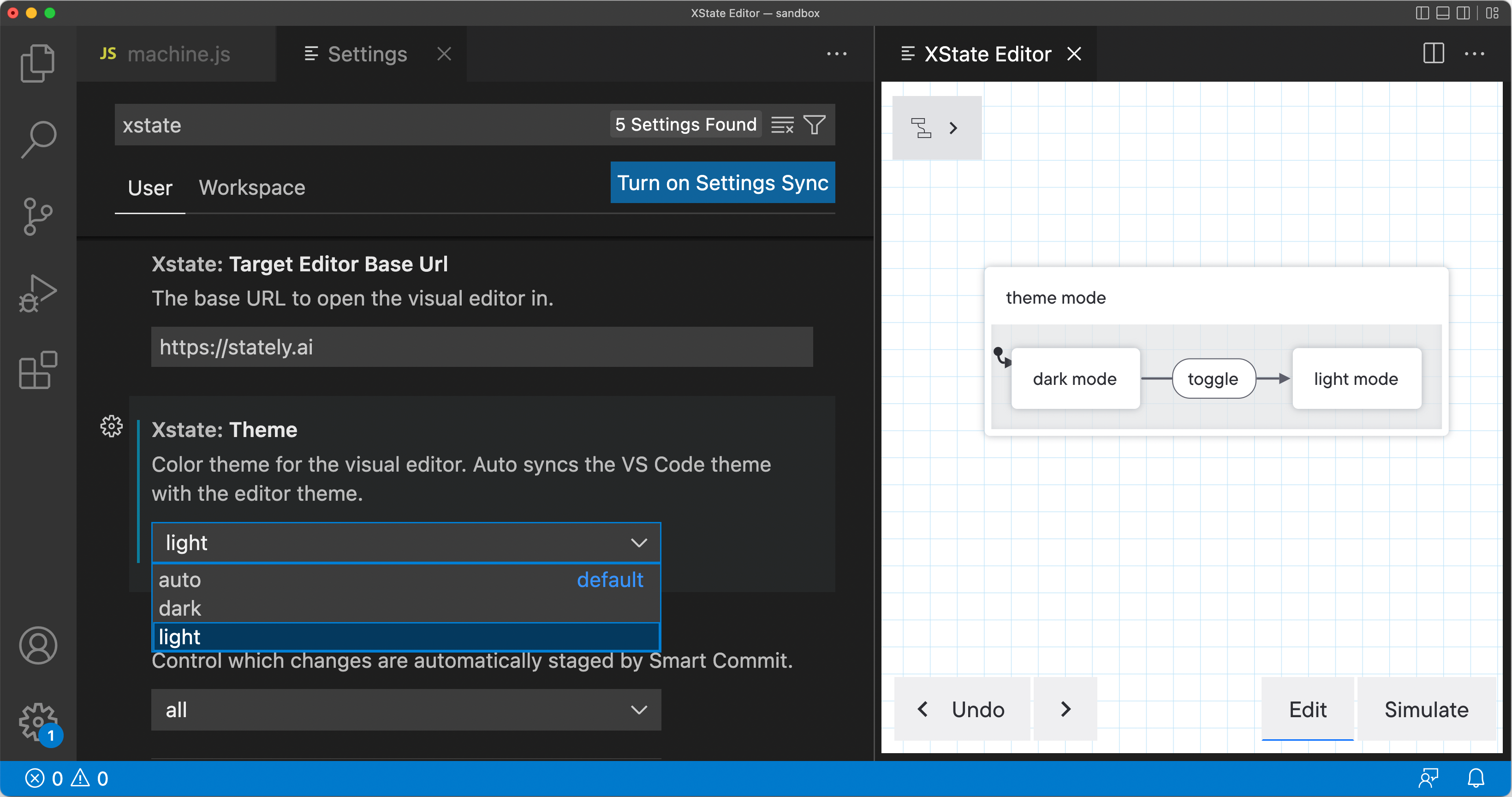 The XState: theme setting in VSCode is set to light and the visual editor is in light mode.