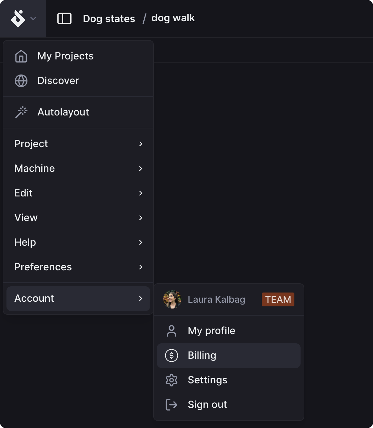 Billing option in the user account menu in the Stately Studio header.