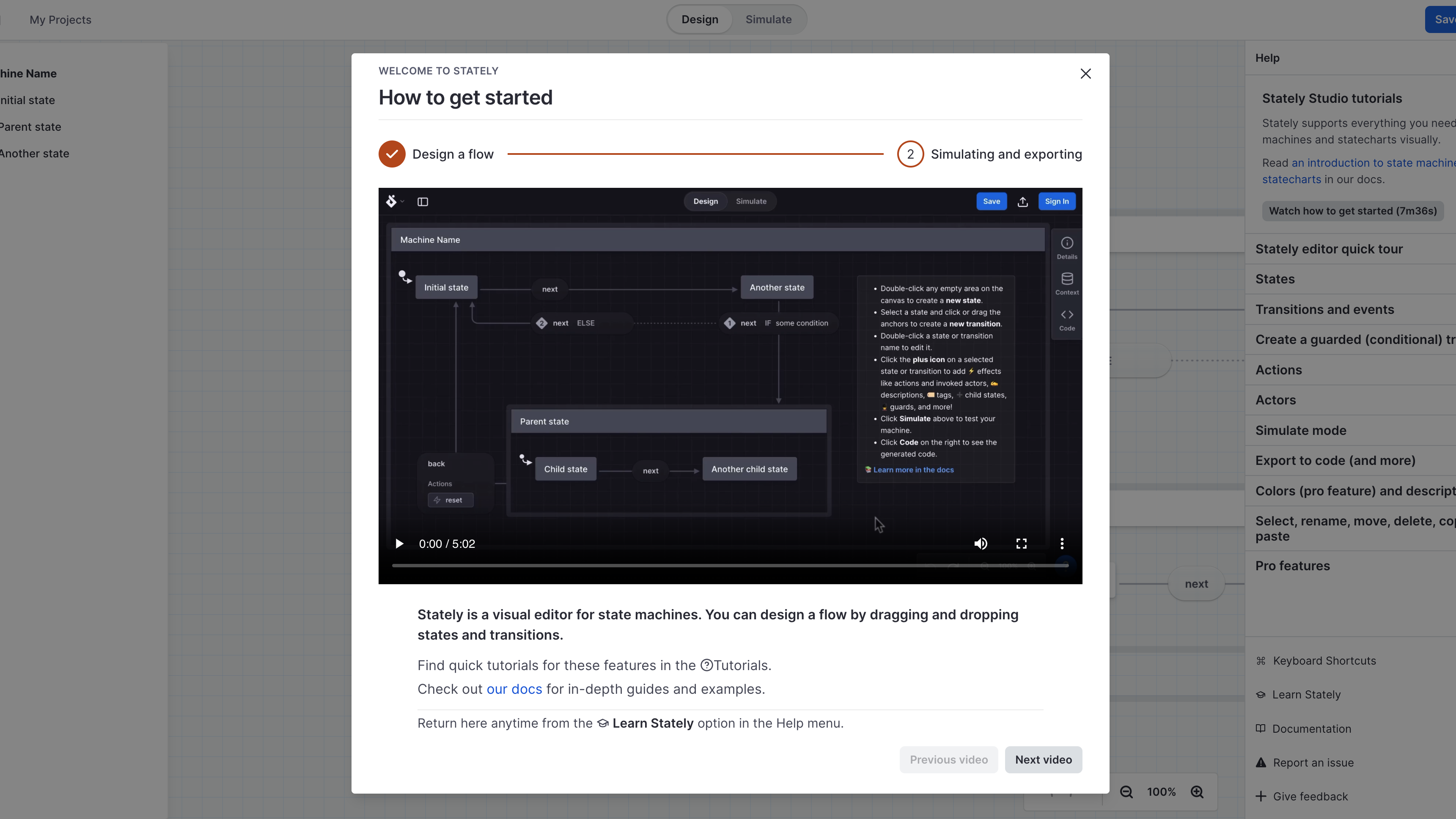 Learn Stately modal in the editor, with a video of the editor in action.