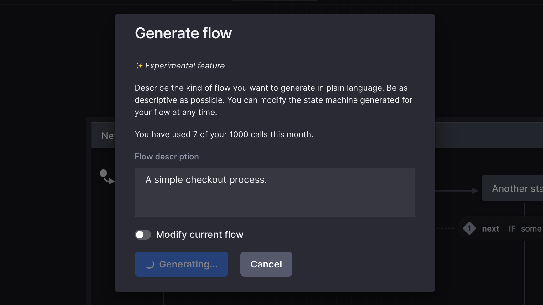 Generate flow dialog: Experimental feature. With the flow description of “A simple checkout process”, with the submit button “Generating flow” in progress.