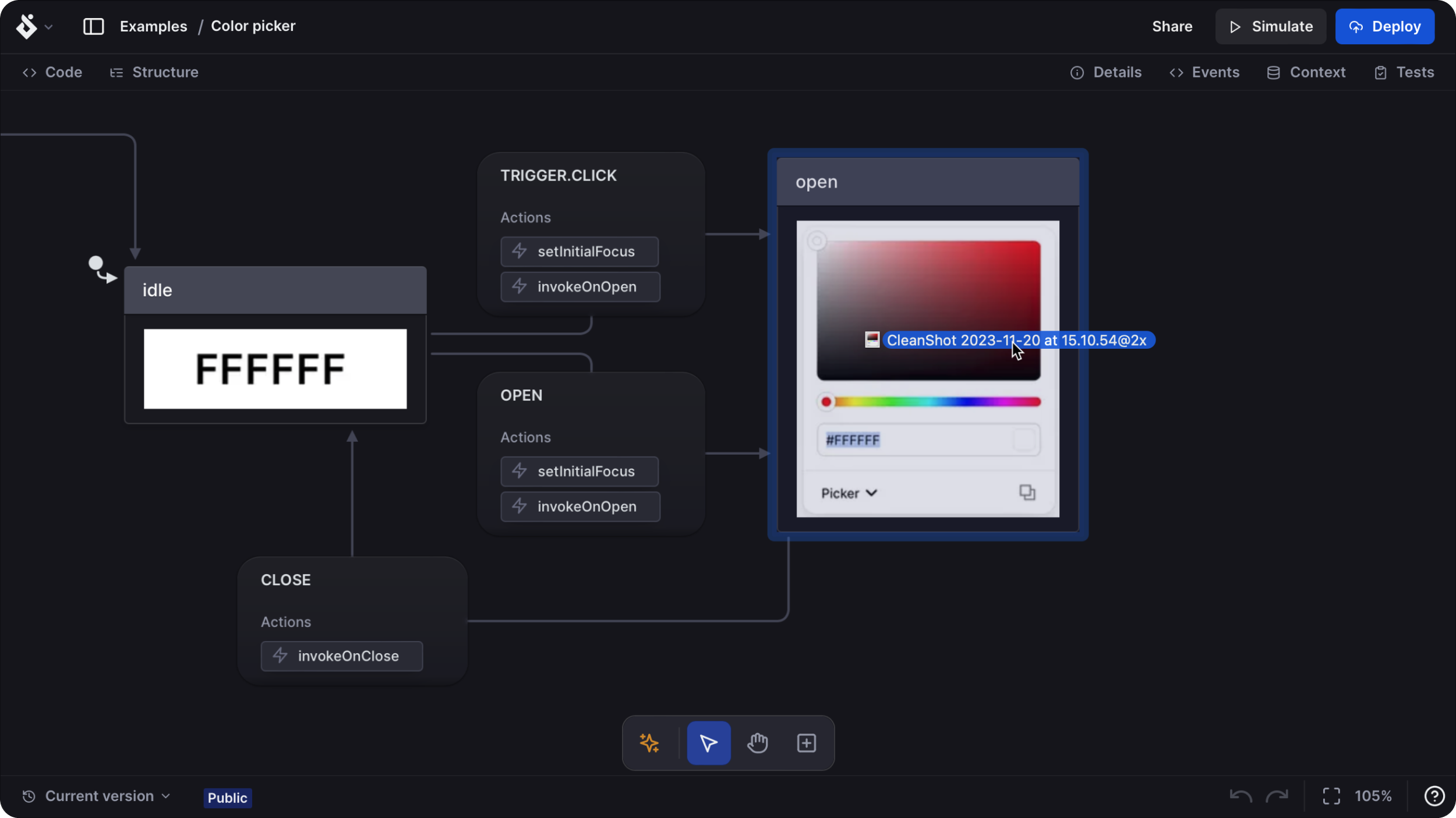 State machine for a color picker where an image of an expanded color picker is being dragged into the open state.