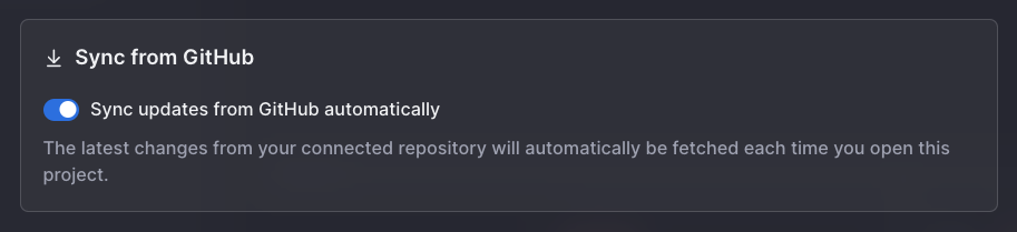 By default, connected repos are auto-synced with the GitHub repo but this can be disabled if you want to manually sync instead.