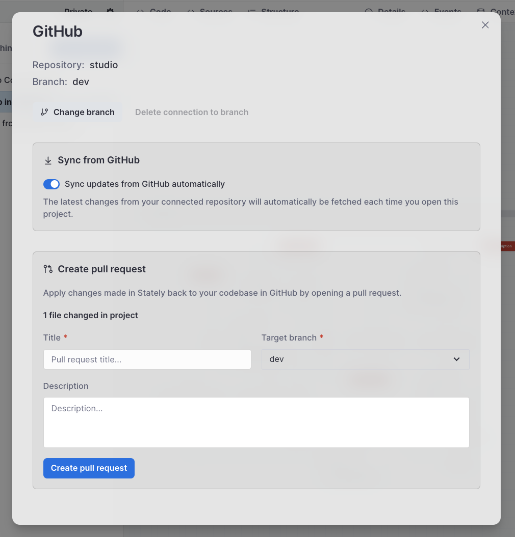 Connected projects have a GitHub Settings panel where users can create new pull requests targeting any branch in the connected repository.