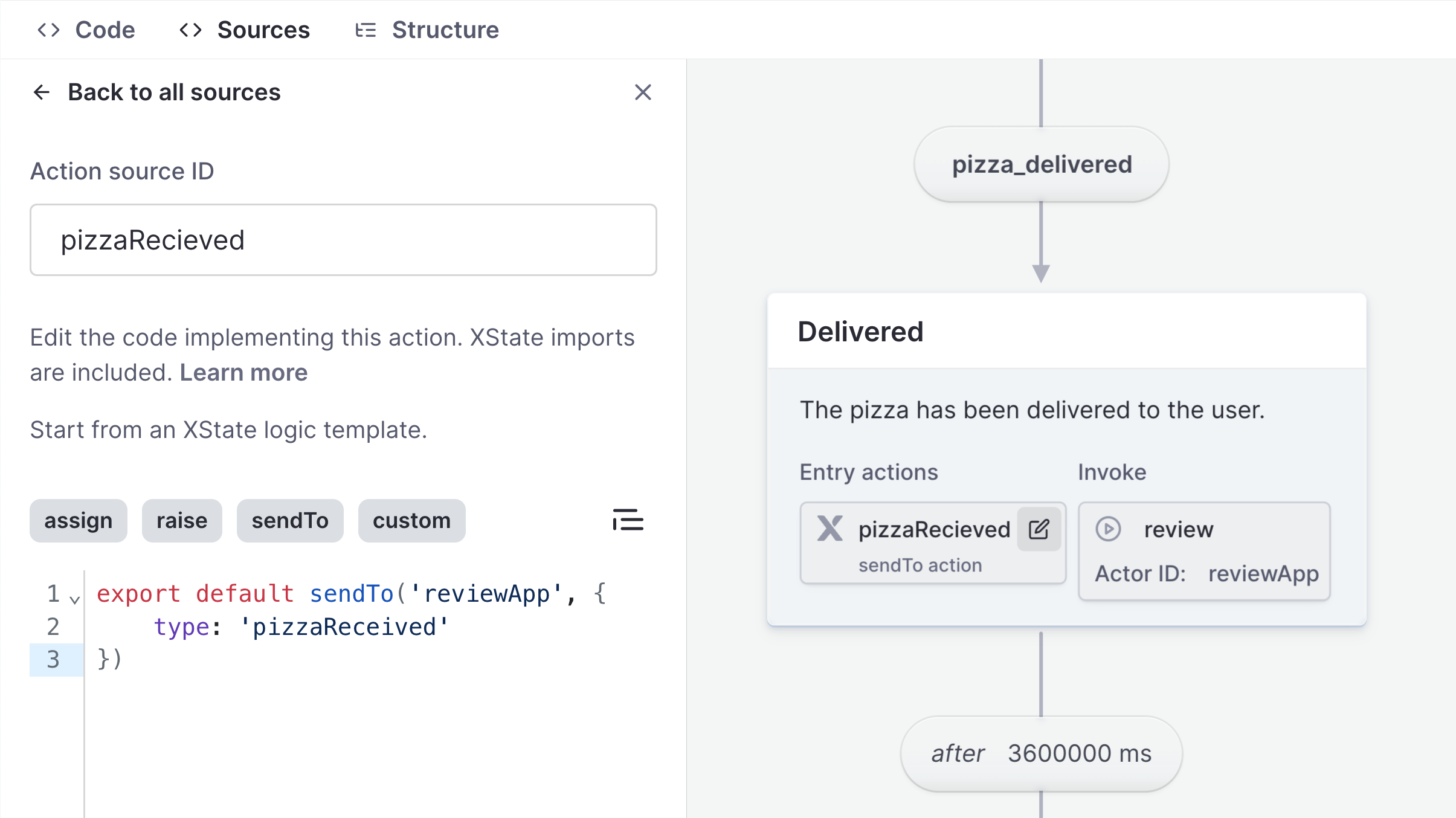 The sources panel open for a pizzaRecieced entry action. In the source code, the sendTo action is being used to send an event of pizzaRecieved to the reviewApp actor.