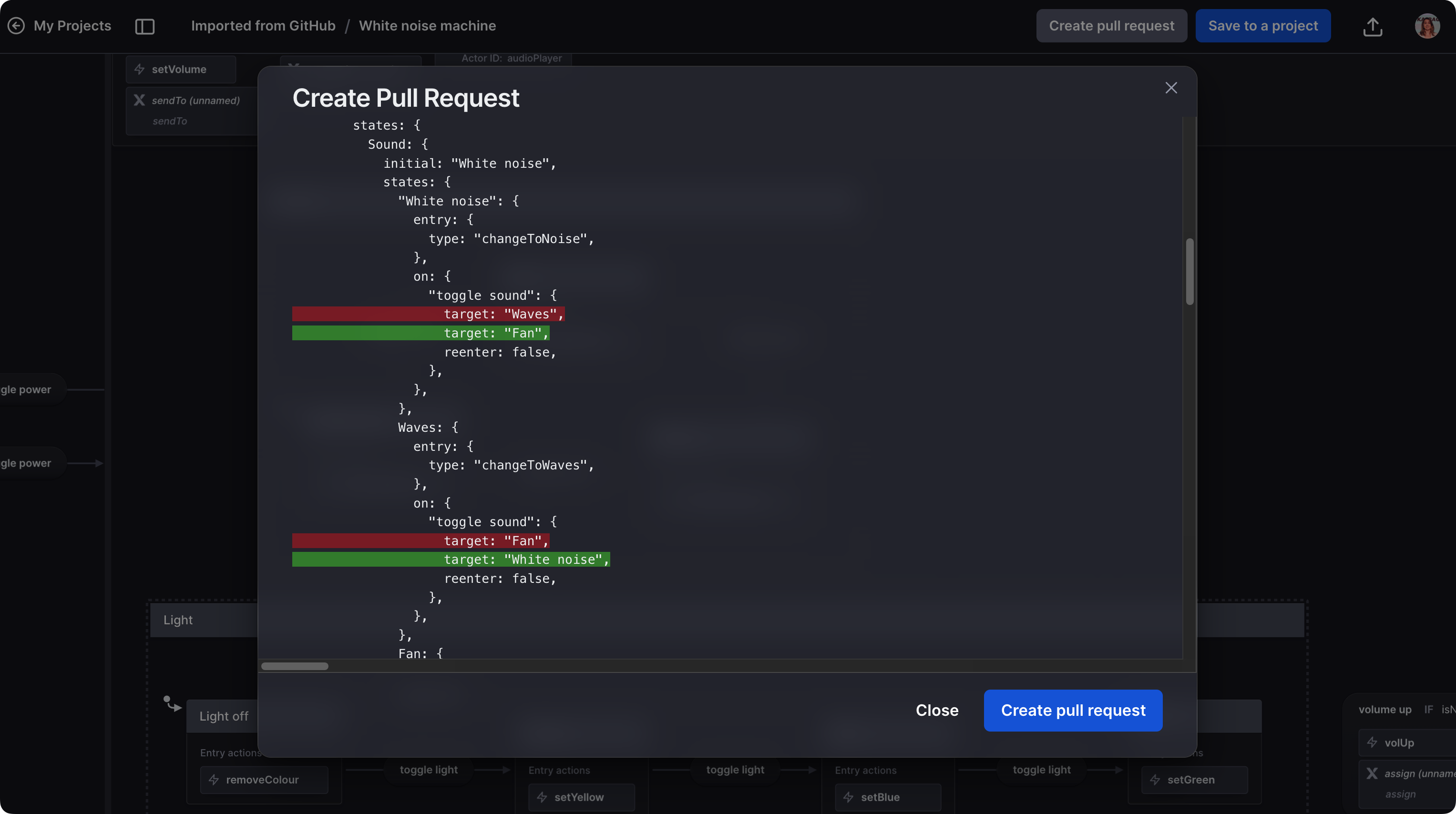 The pull request modal in Stately Studio showing deleted lines of code in red and inserted lines of code in green.