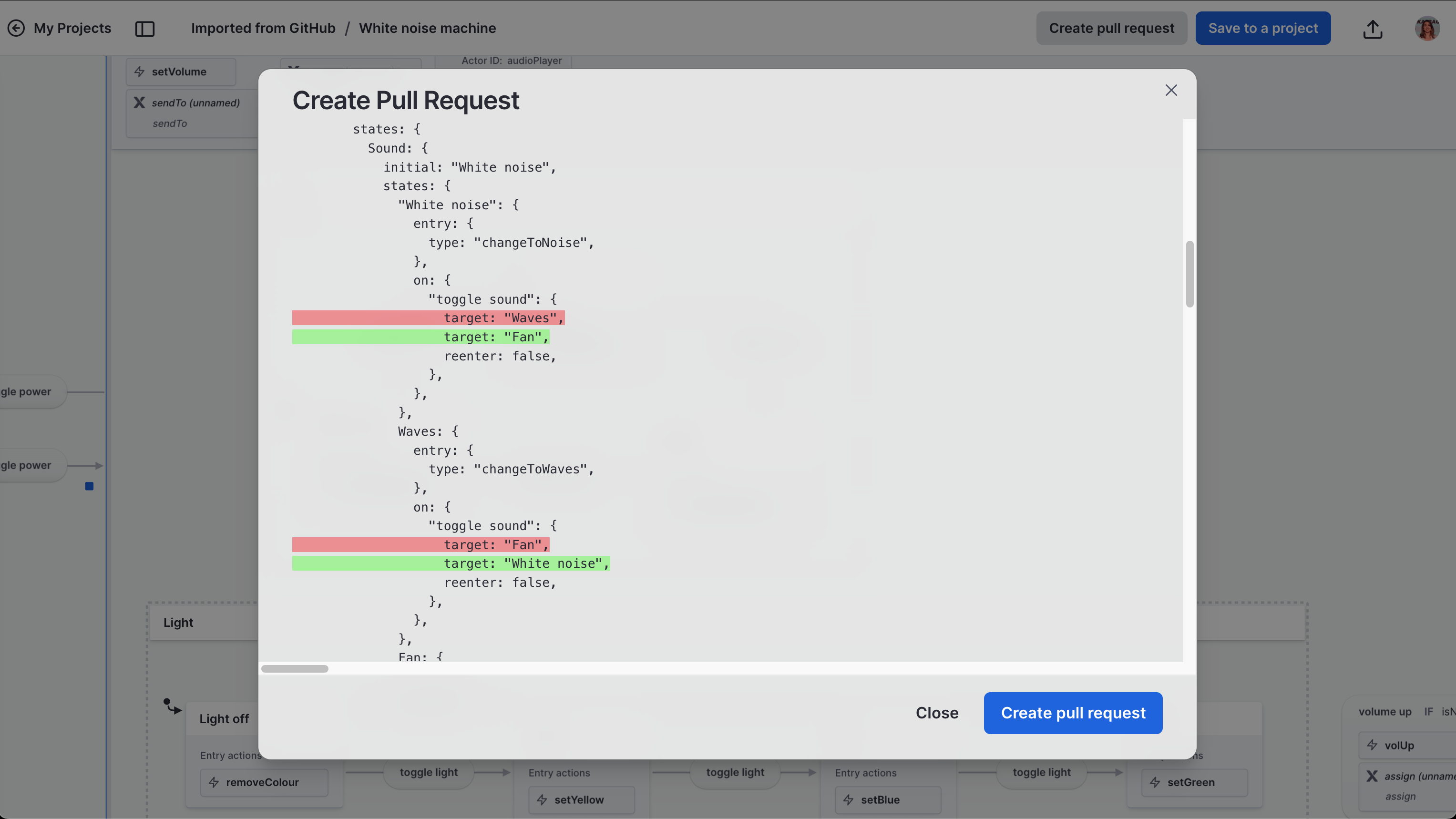 The pull request modal in Stately Studio showing deleted lines of code in red and inserted lines of code in green.