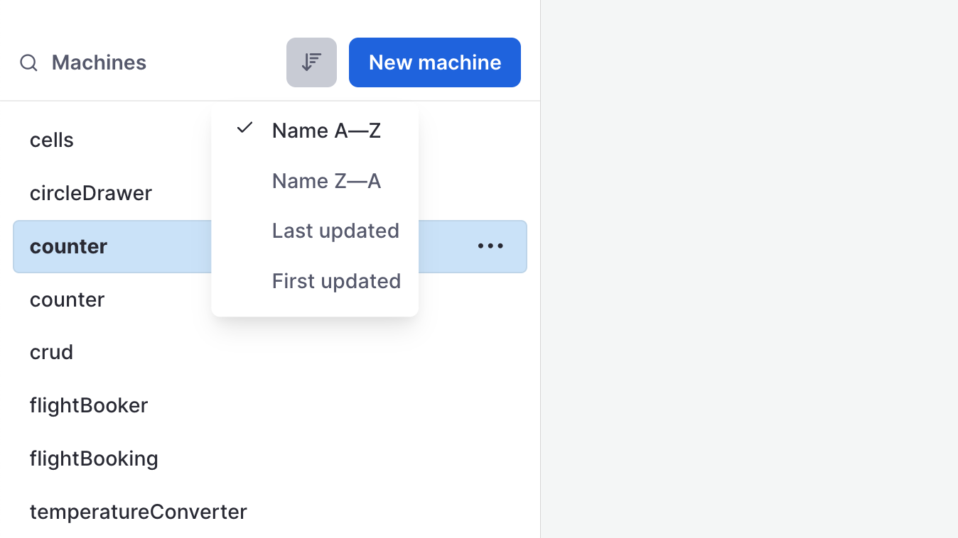 The machines list panel showing a list of machines ordered alphabetically, the sort button is pressed and a menu is showing the options for Name A-Z, Name Z-A, Last updated and first updated. The Name A-Z option is selected.