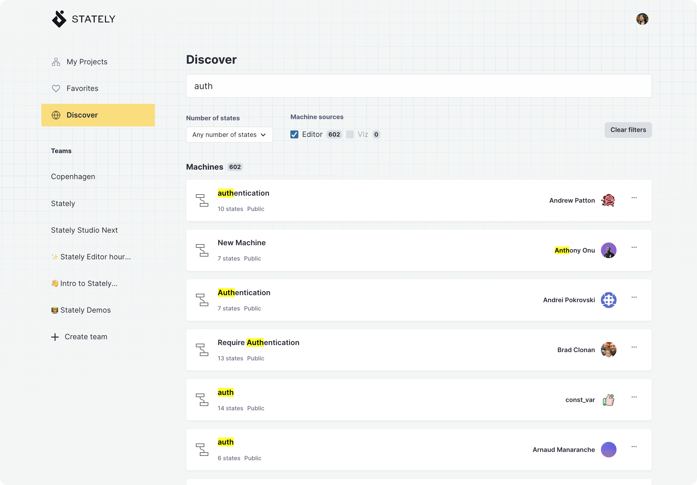 Stately Studio Discover page showing the search results for “auth”, filtered by editor machines under 10 states, showing 173 results.