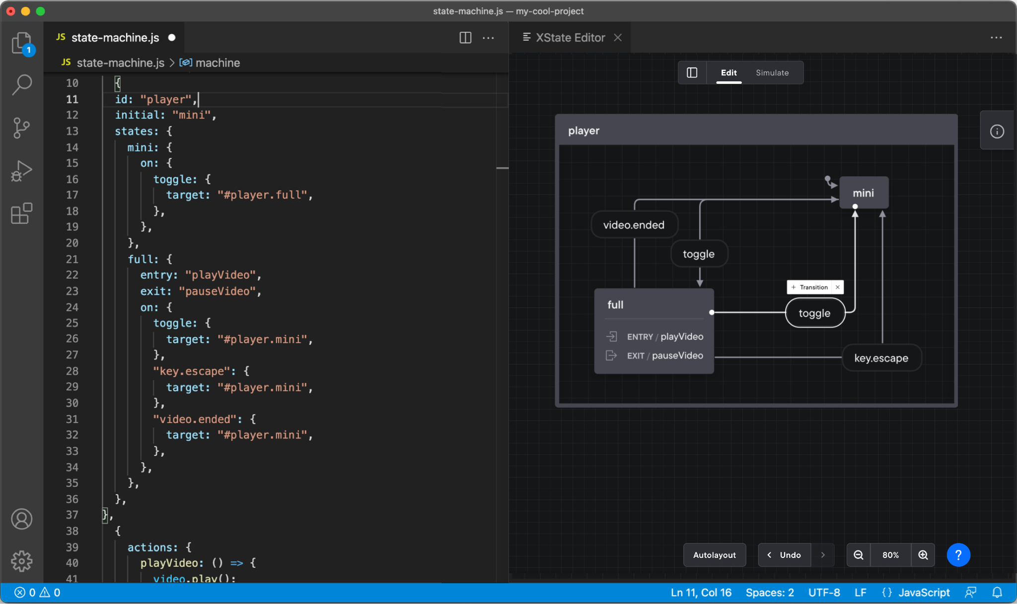 Stately VS Code extension showing a split screen inside VS Code with the code editor on the left and the Stately visual Editor on the right.