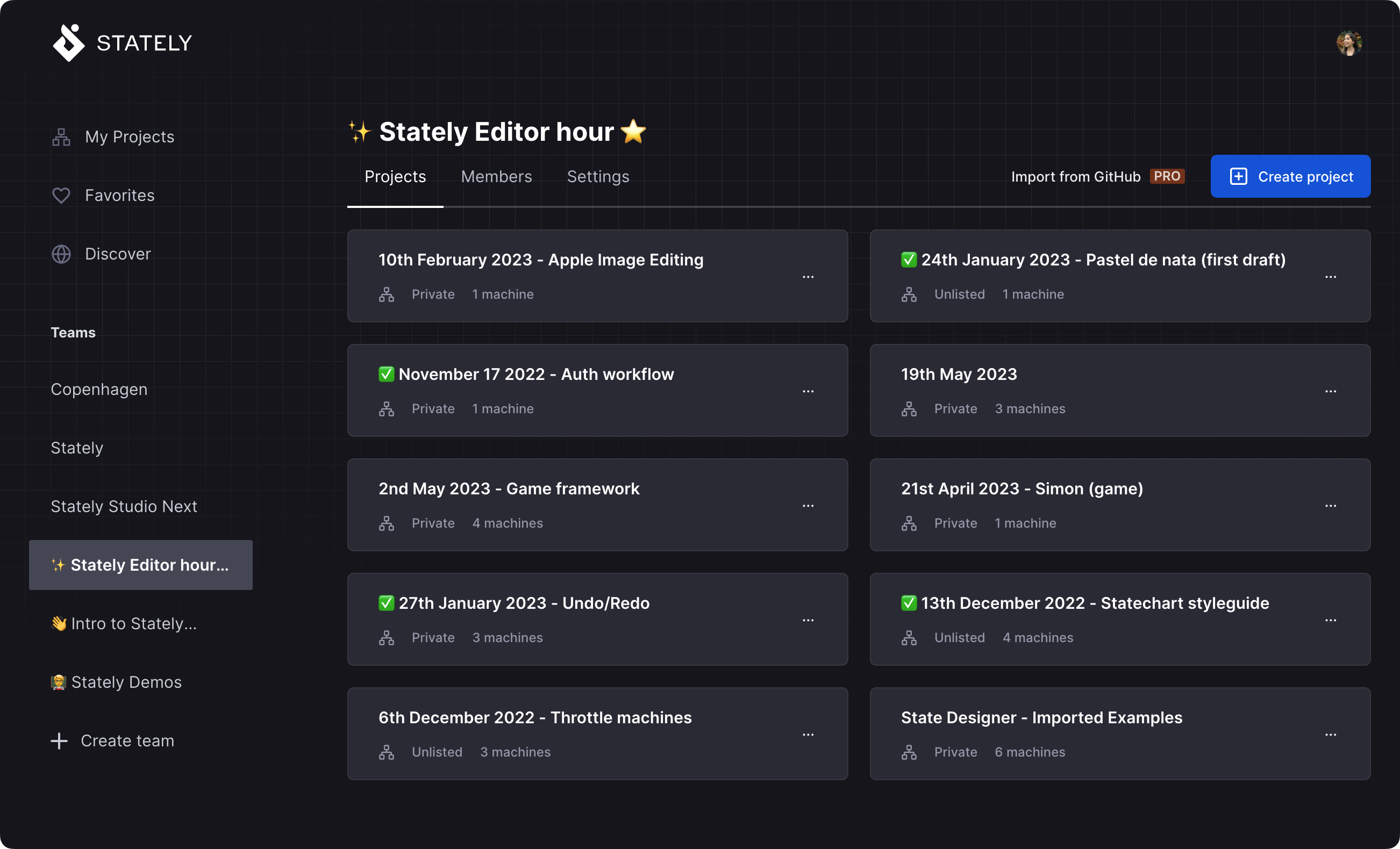 Stately Studio Projects page for the Voyager team, showing a list of four projects, one with public machines, two with private machines, and one with unlisted machines.