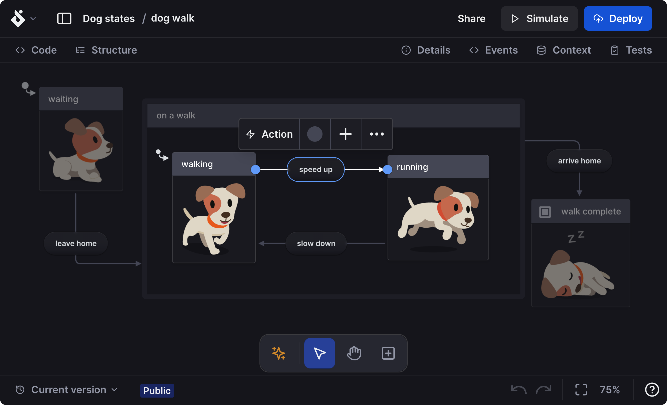A dog walk machine open in Stately Studio’s editor. The dog walk machine has cute puppy images for each state, showing a dog walking and running. The speed up event is selected, and information and options for that transition is shown in an inspector panel on the right.