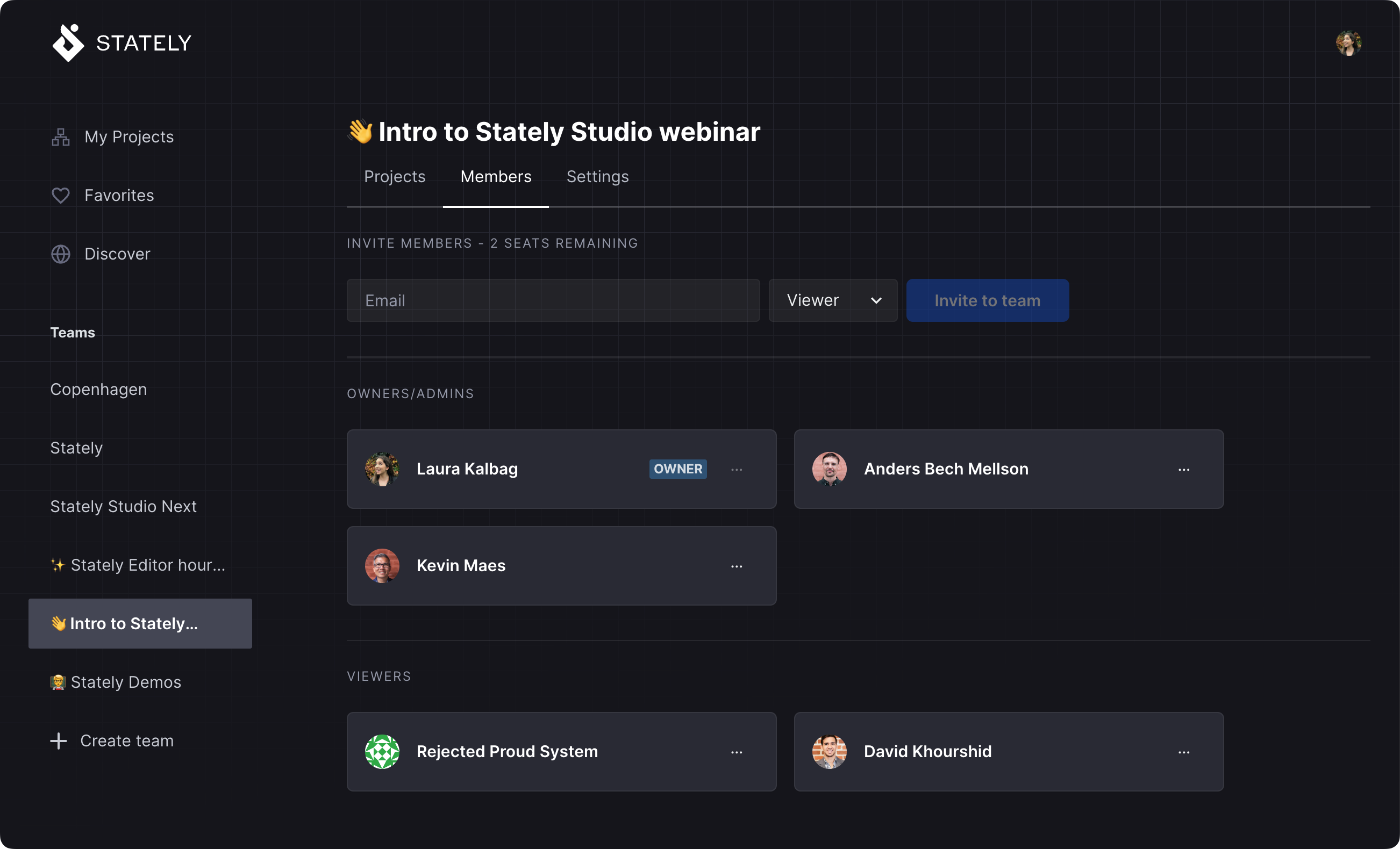 Stately Studio Team page for the Intro to Stately Studio webinar team, showing Laura Kalbag with the owner and Admin role, Anders Bech Mellson and Kevin Maes with Admin roles, and Rejected Proud System and David Khourshid with Viewer roles.
