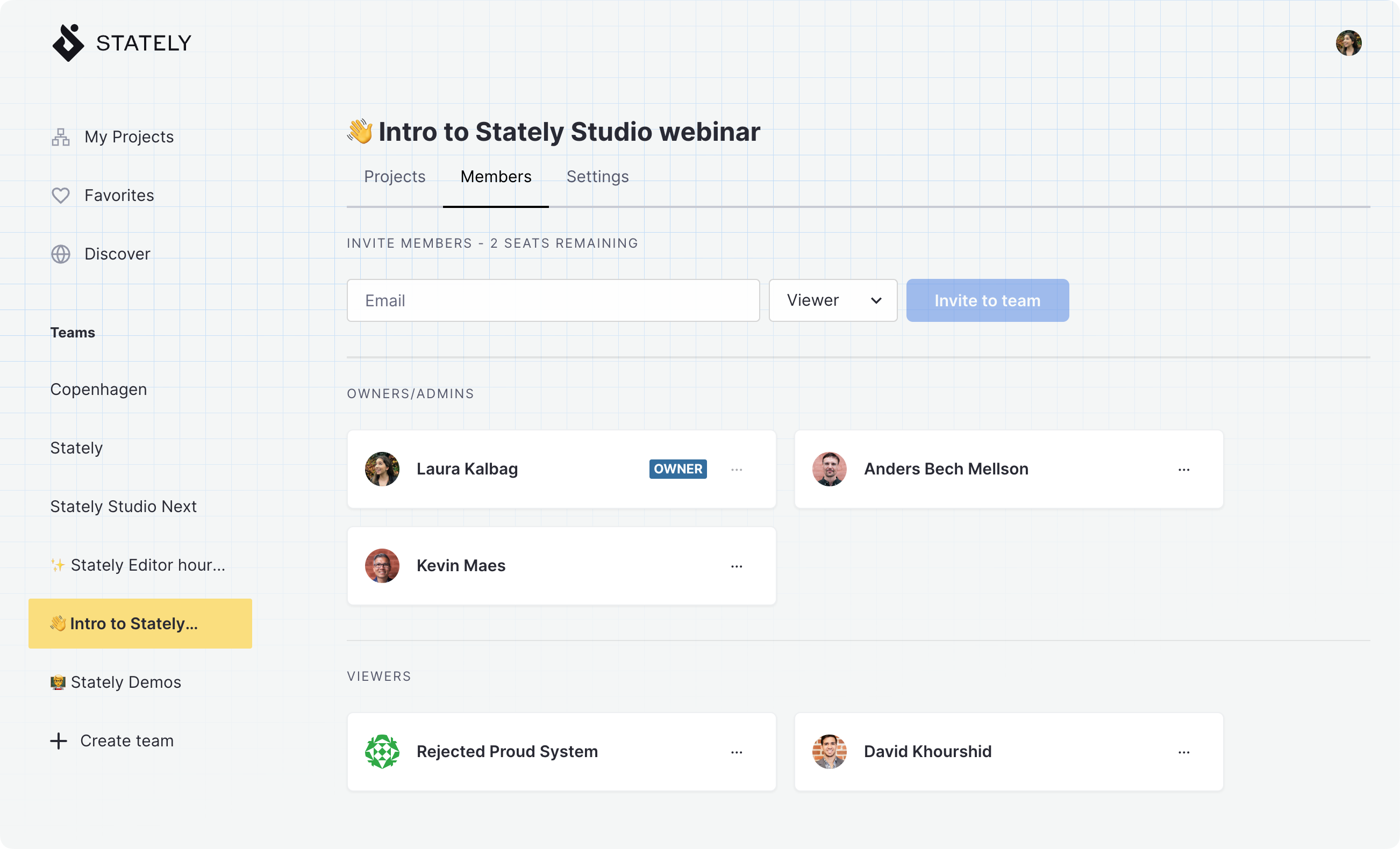 Stately Studio Team page for the Intro to Stately Studio webinar team, showing Laura Kalbag with the owner and Admin role, Anders Bech Mellson and Kevin Maes with Admin roles, and Rejected Proud System and David Khourshid with Viewer roles.